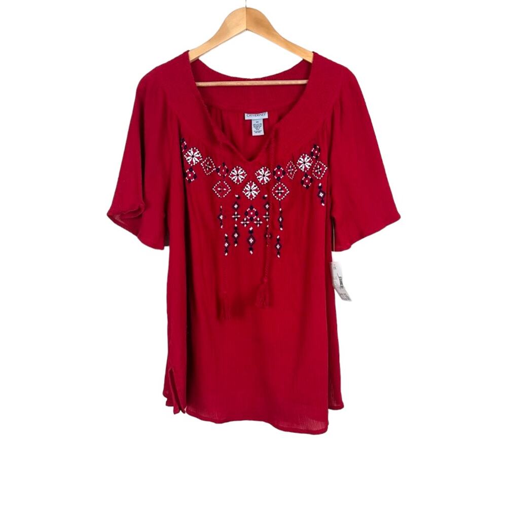 Catherines Womens Red Embroidered Tassel Blouse Sz 0X New Bohemian V-neck Gauze
